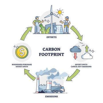 Carbon footprint cycle with offsets and emissions stages outline diagram, transparent background. Labeled educational scheme.