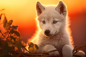 White wolf cub with sunset background, in the style of warm color palette, backlight, wimmelbilder, close up, dau al set, light maroon and yellow, large canvas format

