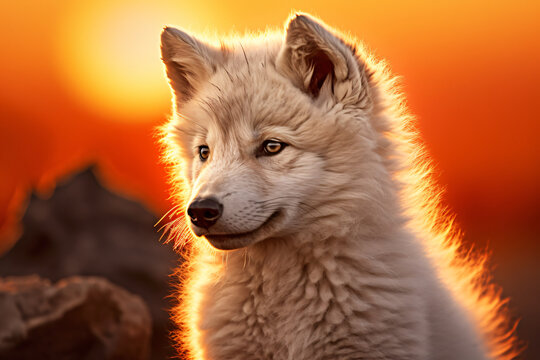 White wolf cub with sunset background, in the style of warm color palette, backlight, wimmelbilder, close up, dau al set, light maroon and yellow, large canvas format

