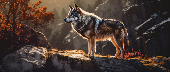 The wolf standing in forest with sun shining on the rocky ground, in the style of warm color palette, photo-realistic landscapes, dark gold and red, caninecore, close up, large canvas format, light vi