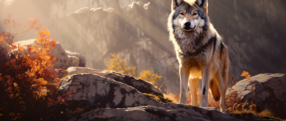 The wolf standing in forest with sun shining on the rocky ground, in the style of warm color palette, photo-realistic landscapes, dark gold and red, caninecore, close up, large canvas format, light vi