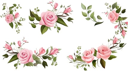 Spring sakura cherry blooming flowers bouquet. Isolated realistic pink petals, blossom, branches, leaves vector set. Design spring tree illustration,generative ai