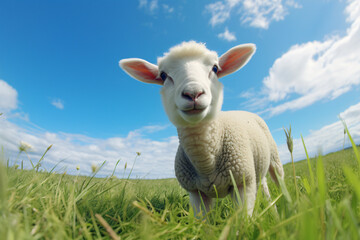 Fototapeta premium Sheep on a green grassy field, in the style of fish-eye lens, light sky-blue, wimmelbilder, child-like innocence, 3840x2160, shiny eyes, dau al set