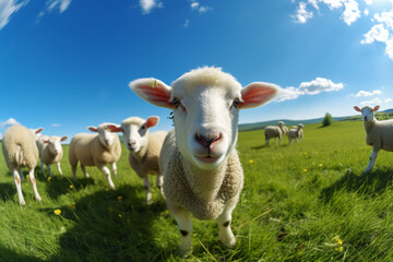 Sheep on a green grassy field, in the style of fish-eye lens, light sky-blue, wimmelbilder, child-like innocence, 3840x2160, shiny eyes, dau al set

