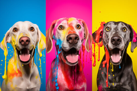 Several photos with dogs in four different colors, in the style of emotive facial expressions, saturated color field, focus stacking, bold, colorful, large-scale, wimmelbilder, cute and colorful

