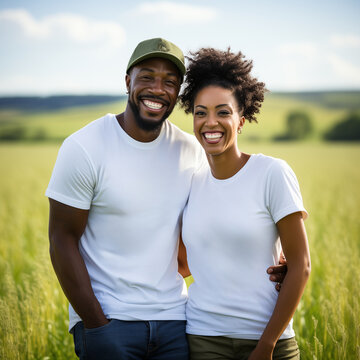african american black couple in park, arms around each other, direct eye contact, healthy and happy, countryside background, wearing plain white tshirts, hands in pockets, Gen x, millenials portraits