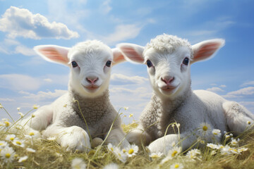 Lambs grazing in a field on sunny day, in the style of forced perspective, modern, eye-catching  
