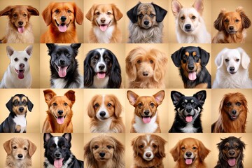 Dogs of different breeds collage. Cute doggies or pets are looking happy isolated on colorful or gradient background. Studio photoshoots. Flyer for your ad, Generative ai