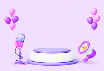 3d podium display, empty stage with microphone, megaphone or loudspeaker, balloons on pink background. Holiday banner for marketing promotion, sale announcement, Cartoon render icons. 3D illustration