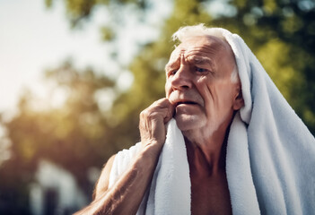 Calura Estiva- Anziano con Asciugamano che patisce il caldo