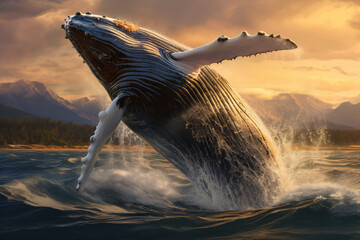 Humpback whale booing off the bay, in the style of photorealistic fantasies, backlight, photo-realistic landscapes, realistic animal portraits, shaped canvas, wimmelbilder, lively movement portrayal

