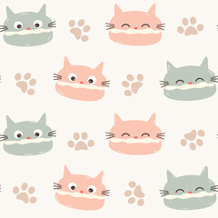 Cute hand drawn funny seamless vector pattern background illustration with pastel cartoon cat macarons and paws 
