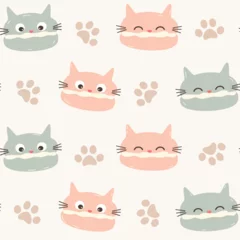 Foto op Plexiglas Cute hand drawn funny seamless vector pattern background illustration with pastel cartoon cat macarons and paws  © Alice Vacca
