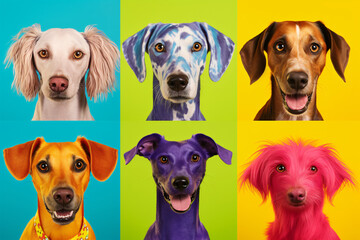 Several photos with dogs in four different colors, in the style of emotive facial expressions, saturated color field, focus stacking, bold, colorful, large-scale, wimmelbilder, cute and colorful

