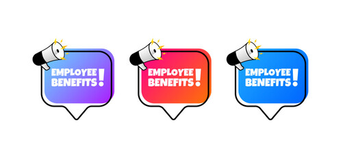 Employee benefits bubbles. Flat, color, bubbles with loudspeaker, employee benefits signs. Vector icons