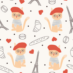 Cute hand drawn seamless vector pattern background illustration with cartoon character french cat, eiffel tower, red hearts and other parisian elements and symbols
