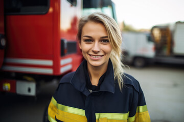 A cheerful young female firefighter stands confidently in front of a red fire truck.