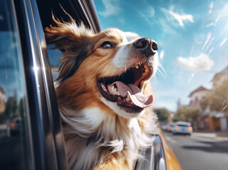 Dog siting in a car, in the style of joyful landscapes, energetic frenzy

