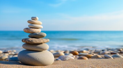 Vacation relax summer holiday travel tropical ocean sea panorama landscape - Close up of stack of round pebbles stones on the sandy sand beach, with ocean in the background - obrazy, fototapety, plakaty