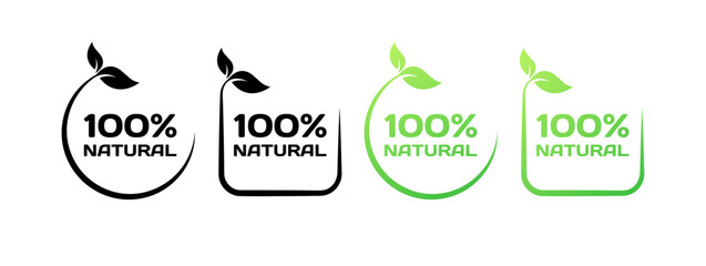 100% natural stamps. Flat, green, icon set 100% natural. Vector icons