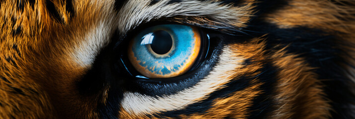 An eye of a tiger with a blue eye, in the style of attention to fur and feathers texture, 8k resolution, matte photo, accurate and detailed

