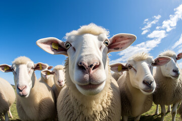 Sheep on a green grassy field, in the style of fish-eye lens, light sky-blue, wimmelbilder, child-like innocence, 3840x2160, shiny eyes, dau al set

