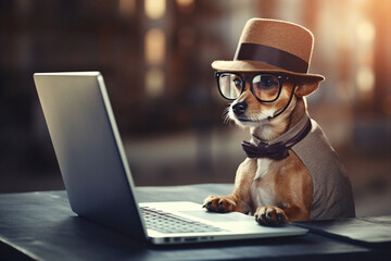 A dog sitting with glasses sitting on a desktop laptop, in the style of automatism, wimmelbilder, handsome

 - obrazy, fototapety, plakaty