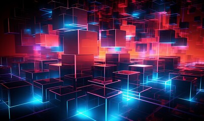 Obraz premium An array of glowing, neon squares, creating an abstract digital landscape Abstract, neon squares, digital landscape. Generative Ai