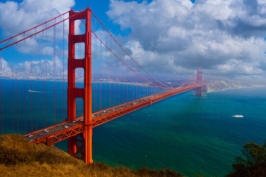 The iconic Golden Gate Bridge, painted in International Orange, San Francisco, USA.