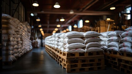 White bag rice or grits storage barn, Close-up of a warehouse with bulk rice or sugar bags in a distribution center, bulk rice procurement, production and transportation of rice, AI