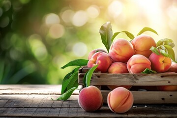 Fresh peaches in a wooden box on a table, blurred nature background