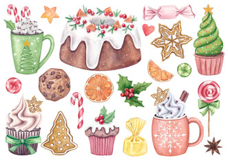 Set of Christmas sweets and drinks on white background. Flavorful pastries, cupcakes, ginger cookies, lollipops, candies, cocoa with marshmallows in a mug. Hand drawn watercolor illustration.