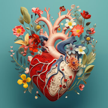 Anatomical heart and flowers, unusual carling heart image , multicolored heart with flowers around on dark background 