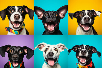 Dogs' headshots in one color, in the style of colorful composition, playful expressions, focus stacking, contrasting backgrounds, human emotions, bright color blocks, photo-realistic hyperbole