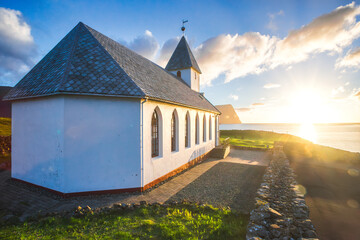Vidareidi church of Viderejde village on the Island of Vidoy, Faroe Islands