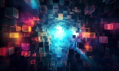 Obraz premium An array of glowing, neon squares, creating an abstract digital landscape Abstract, neon squares, digital landscape. Generative Ai