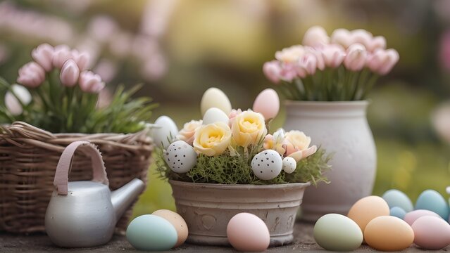 A garden adorned with pastel-colored flowers and Easter decor, generative AI, background image