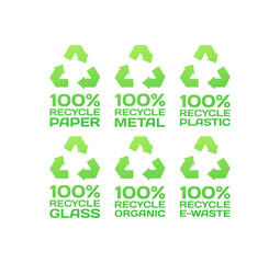 100% recycle icons. Flat, green, 100% recycle paper, metal, plastic, glass, organic, e-waste icons, 100% recycle signs. Vector icons