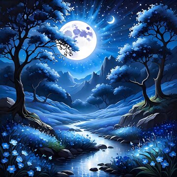 Blue Moon landscape casting ethereal blue moonlight on surroundings, stars aglow with sapphire brilliance, blue flowers unfolding petals under nocturnal glow, oil painting, with focus on serene 