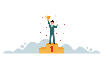 Happy businessman holding a trophy on the podium. A businessman who wins from competition. Business career success concept and pride of victory. Vector illustration flat design style