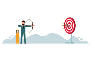 A confident businessman shoots an arrow at a target. Ambitious and challenging to succeed in business. Career development and motivation to achieve great goals or goals concept. Vector illustration