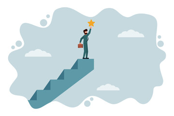 A businessman tries to climb the ladder to grab the star of success. A man who expects business success. The concept of success or achieving business goals. Rewards and Incentives. Vector illustration
