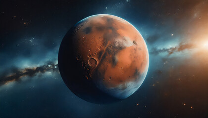 Obraz na płótnie Canvas Mars,red planet with detailed surface features and craters in deep blurred space. Blue Earth planet in outer space.Mars and earth concept.Copy space.
