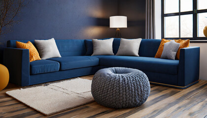 Two knitted poufs near dark blue corner couch. Scandinavian home interior design of modern living room.