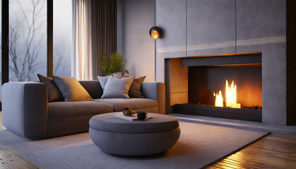 Grey corner couch near fireplace. Scandinavian home interior design of modern living room.