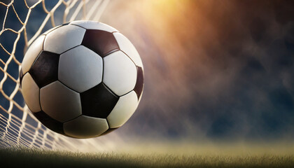 The soccer ball is about to enter the goal net.Side view.close up photo, sports concept,sport.Copy space.