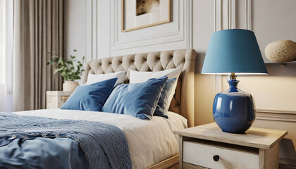 A blue ceramic lamp on nightstand near bed with beige fabric headboard and blue pillows and blanket. French country,interior design of modern bedroom.