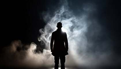 Silhouette of ghost,mans spirit on a dark background. And his shadow in smoke.death day concept, copy space.