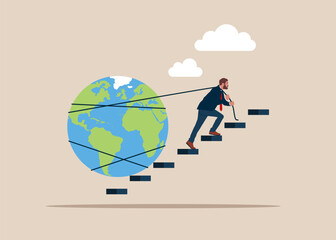 Businessman pulling heavy earth up stair case. Running on the growing world. Open the world of business. Modern vector illustration in flat style