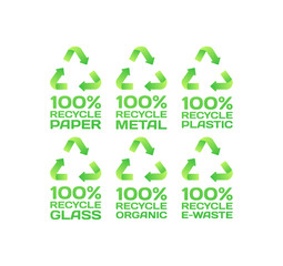 100% recycle icons. Flat, green, 100% recycle paper, metal, plastic, glass, organic, e-waste icons. Vector icons